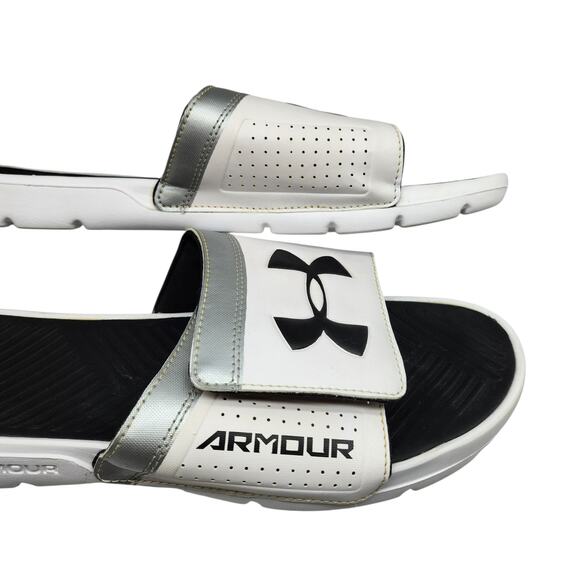 Under Armour Slides Mens 12 Sandals White Black Silver Metallic Ignite Comfort - Picture 6 of 13